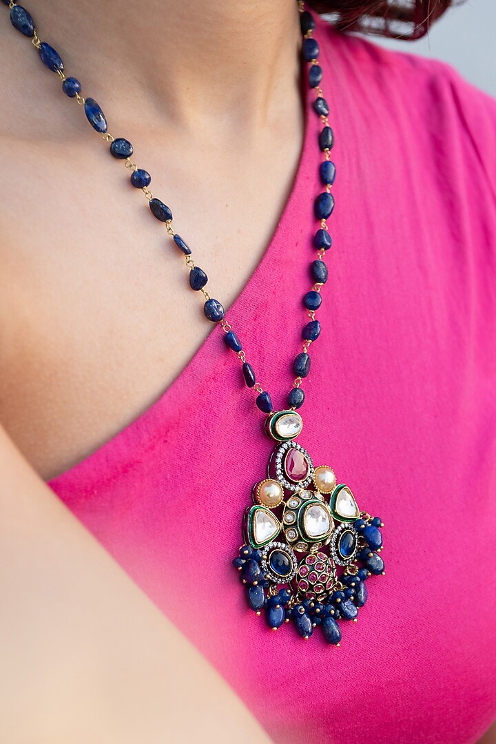 Silver Rhodium Finish Kundan Polki & Natural Stone Necklace by Do Taara at Pernia's Pop Up Shop