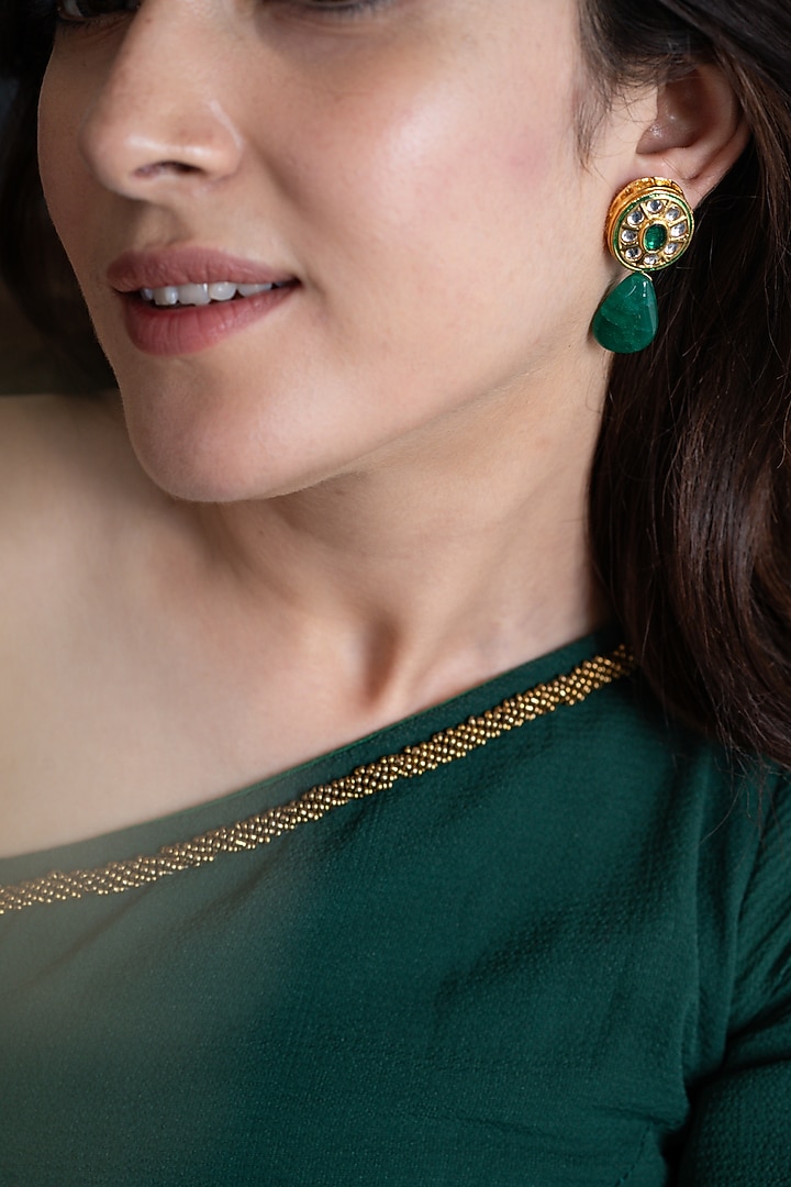 Gold Plated Kundan Polki & Green Natural Stone Dangler Earrings by Do Taara at Pernia's Pop Up Shop