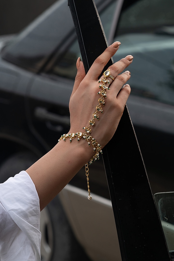Gold Plated Kundan Polki & Pearl Hathphool by Do Taara at Pernia's Pop Up Shop
