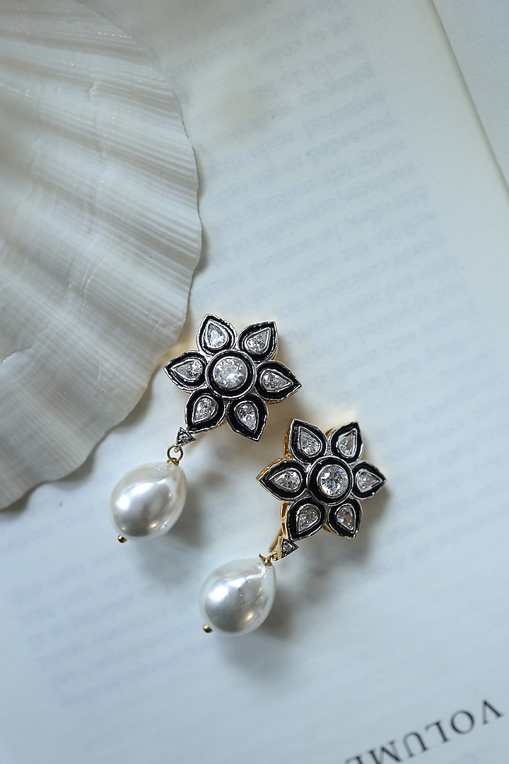 Silver Rhodium Finish Kundan Polki & Baroque Pearl Dangler Earrings by Do Taara at Pernia's Pop Up Shop