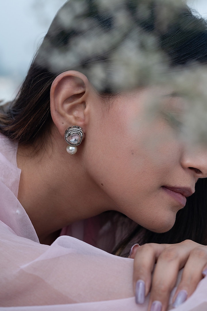 Silver Rhodium Finish Uncut Polki & Pearl Dangler Earrings by Do Taara at Pernia's Pop Up Shop