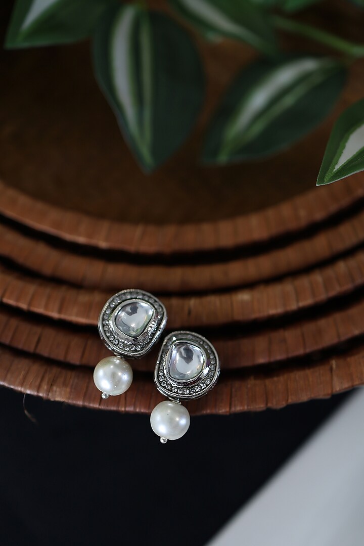 Silver Rhodium Finish Uncut Polki & Pearl Dangler Earrings by Do Taara at Pernia's Pop Up Shop