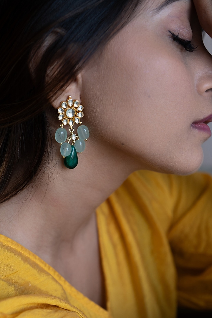 Gold Plated Kundan Polki & Natural Stone Dangler Earrings by Do Taara at Pernia's Pop Up Shop