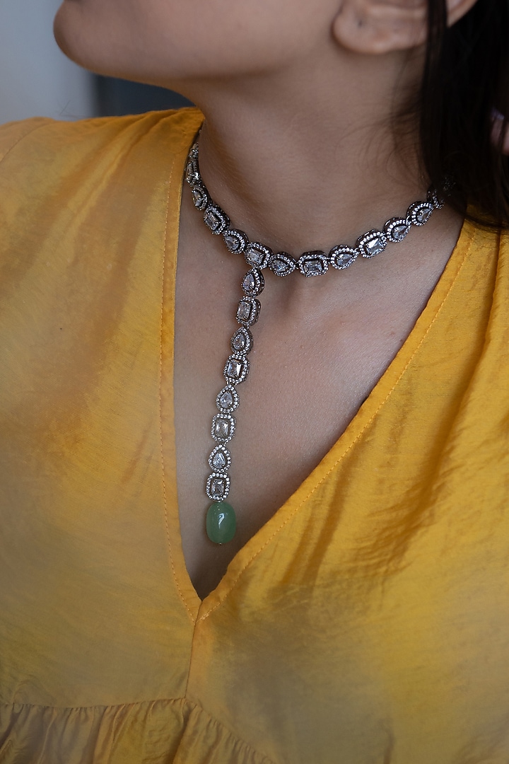 Silver Rhodium Finish Faux Diamond & Natural Stone Necklace by Do Taara at Pernia's Pop Up Shop
