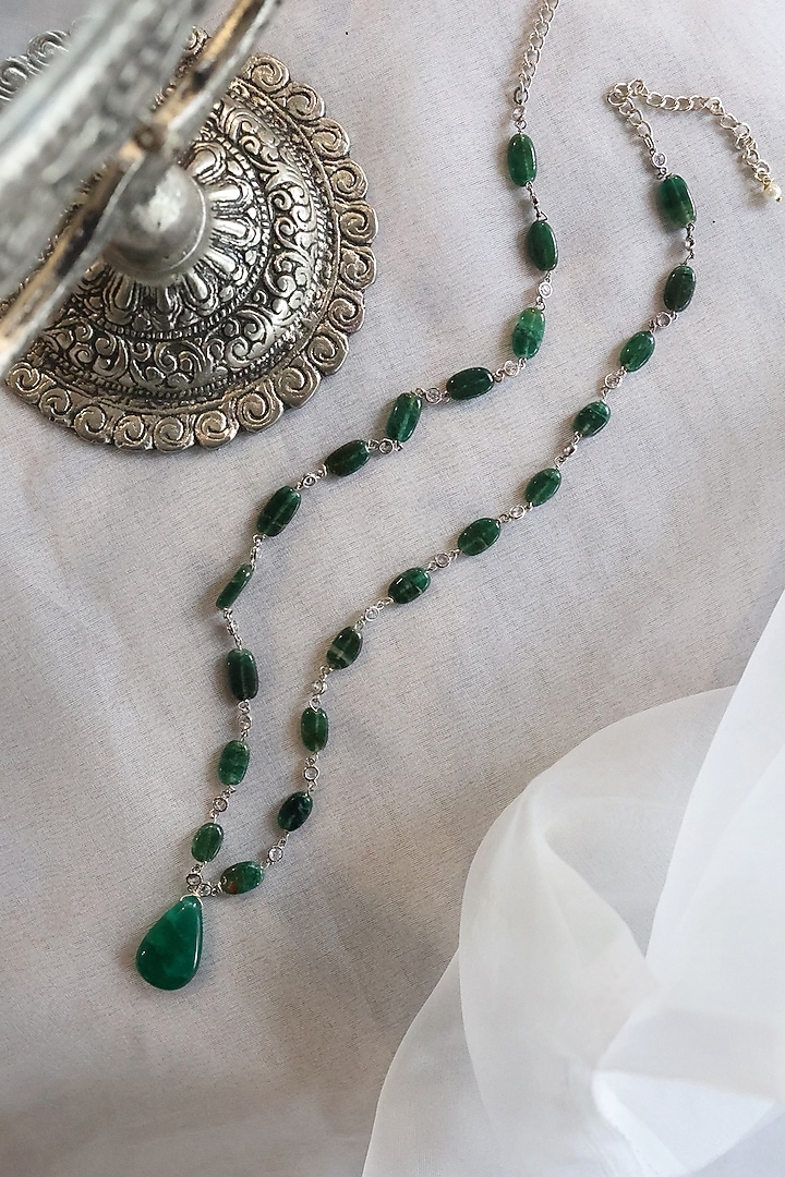 Silver Rhodium Finish Green Natural Stone Necklace by Do Taara at Pernia's Pop Up Shop