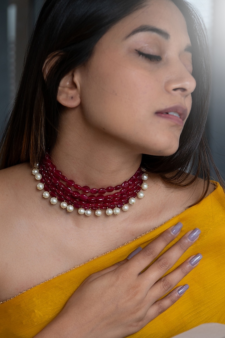 Gold Plated Red Natural Stone & Pearl Choker Necklace by Do Taara at Pernia's Pop Up Shop