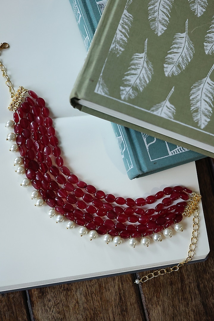 Gold Plated Red Natural Stone & Pearl Choker Necklace by Do Taara at Pernia's Pop Up Shop