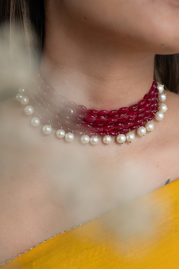 Gold Plated Red Natural Stone & Pearl Choker Necklace by Do Taara at Pernia's Pop Up Shop