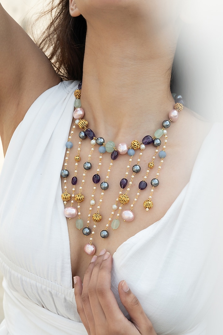 Gold Plated Multi-Colored Natural Stone & Pearl Necklace by Do Taara at Pernia's Pop Up Shop