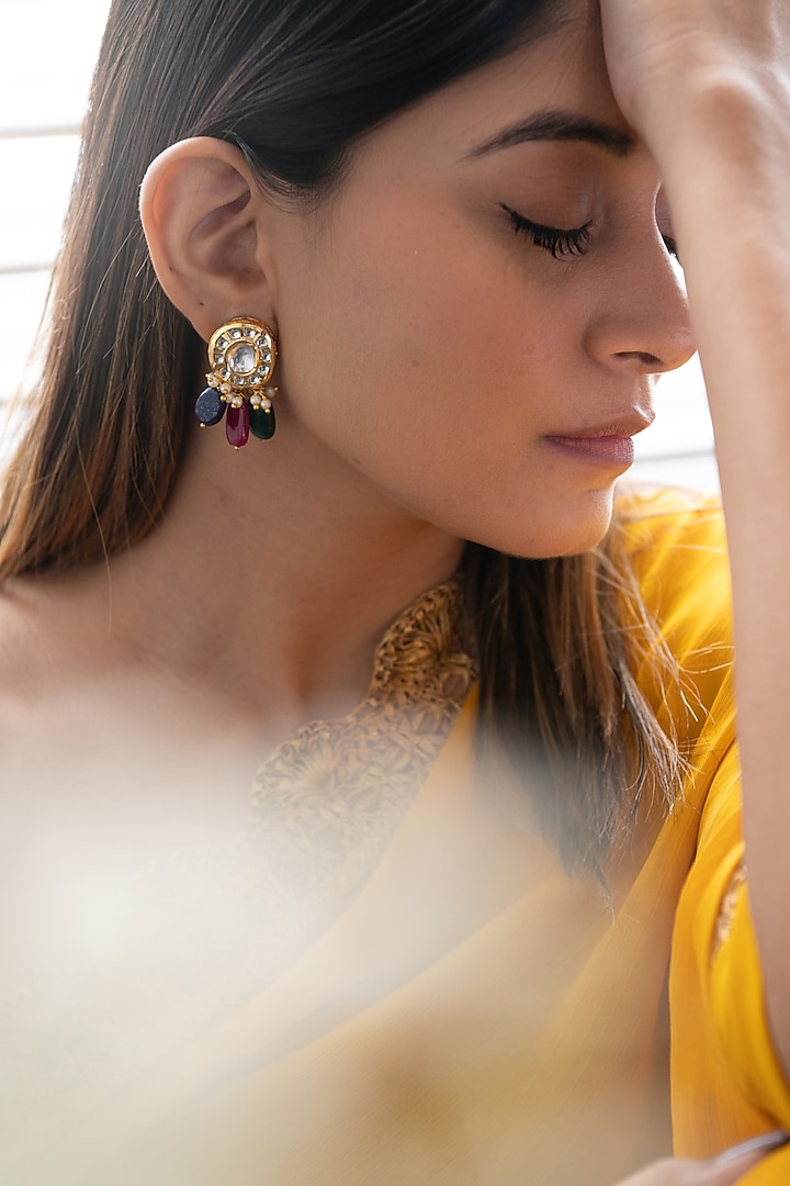 Gold Plated Kundan Polki & Natural Stone Dangler Earrings by Do Taara at Pernia's Pop Up Shop