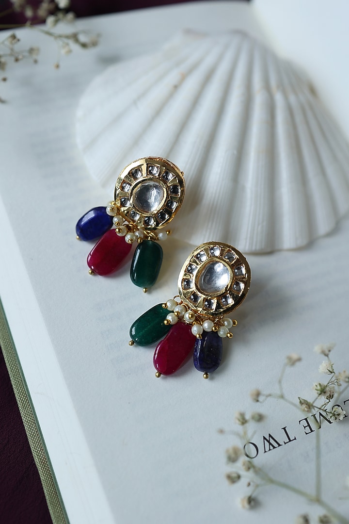 Gold Plated Kundan Polki & Natural Stone Dangler Earrings by Do Taara at Pernia's Pop Up Shop