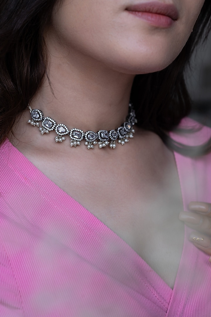Silver Rhodium Finish Cubic Zirconia & Shell Pearl Necklace by Do Taara at Pernia's Pop Up Shop
