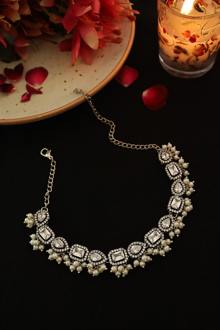 Silver Rhodium Finish Cubic Zirconia & Shell Pearl Necklace by Do Taara at Pernia's Pop Up Shop