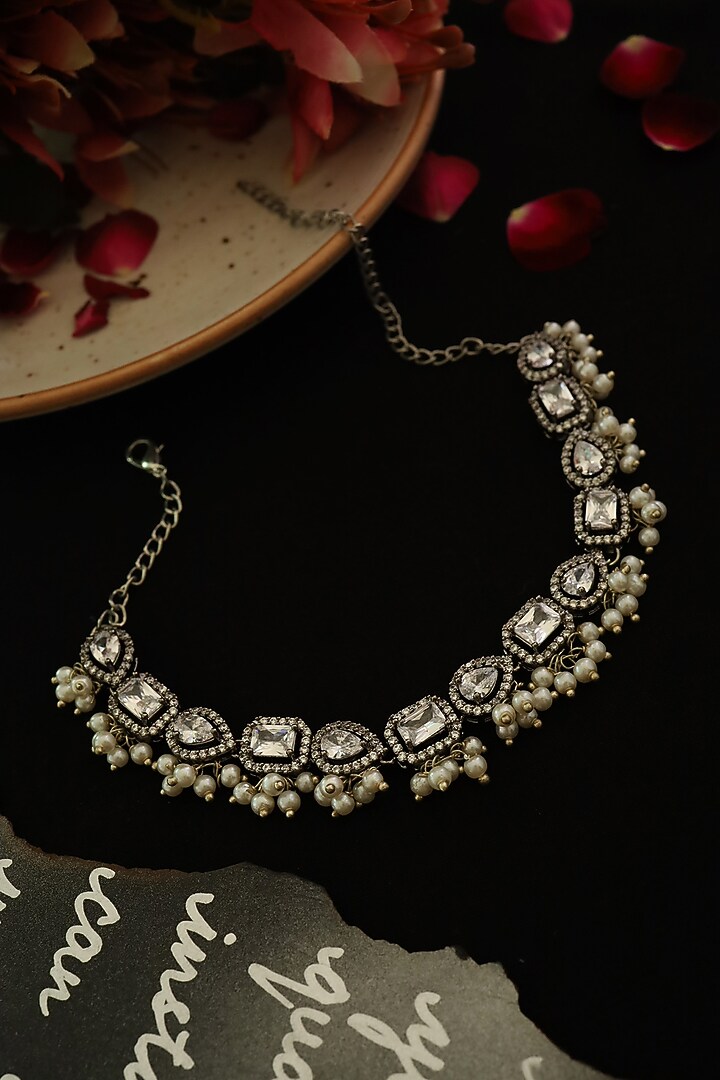 Silver Rhodium Finish Cubic Zirconia & Shell Pearl Necklace by Do Taara at Pernia's Pop Up Shop