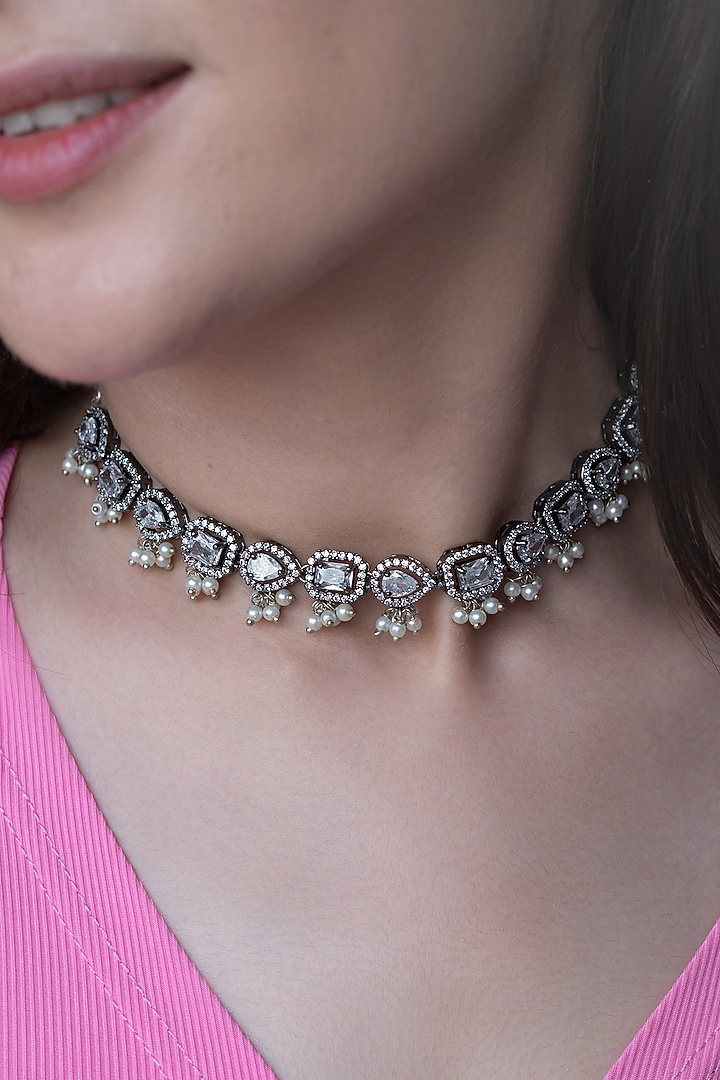 Silver Rhodium Finish Cubic Zirconia & Shell Pearl Necklace by Do Taara at Pernia's Pop Up Shop