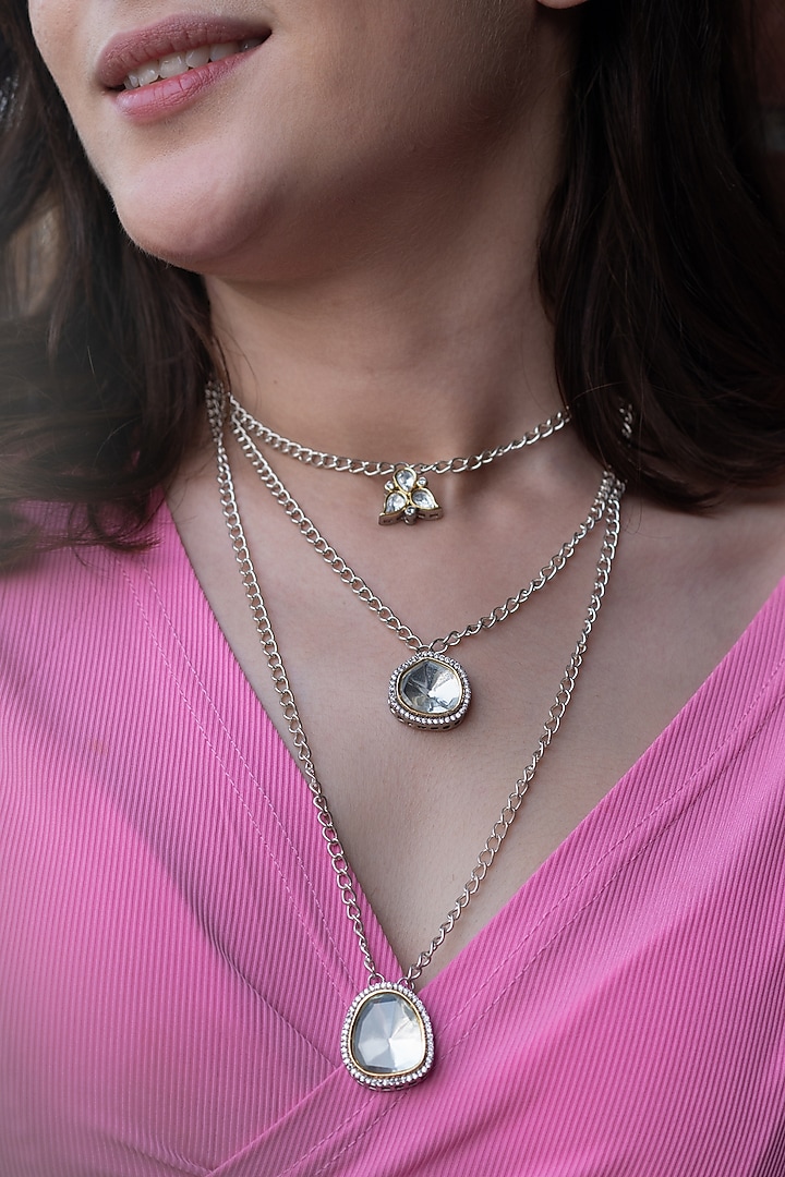 Silver Rhodium Finish Kundan Polki & Cubic Zirconia Layered Pendant Necklace by Do Taara at Pernia's Pop Up Shop
