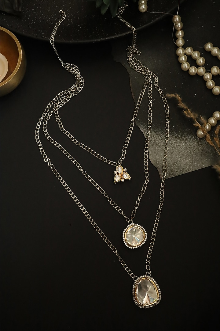 Silver Rhodium Finish Kundan Polki & Cubic Zirconia Layered Pendant Necklace by Do Taara at Pernia's Pop Up Shop