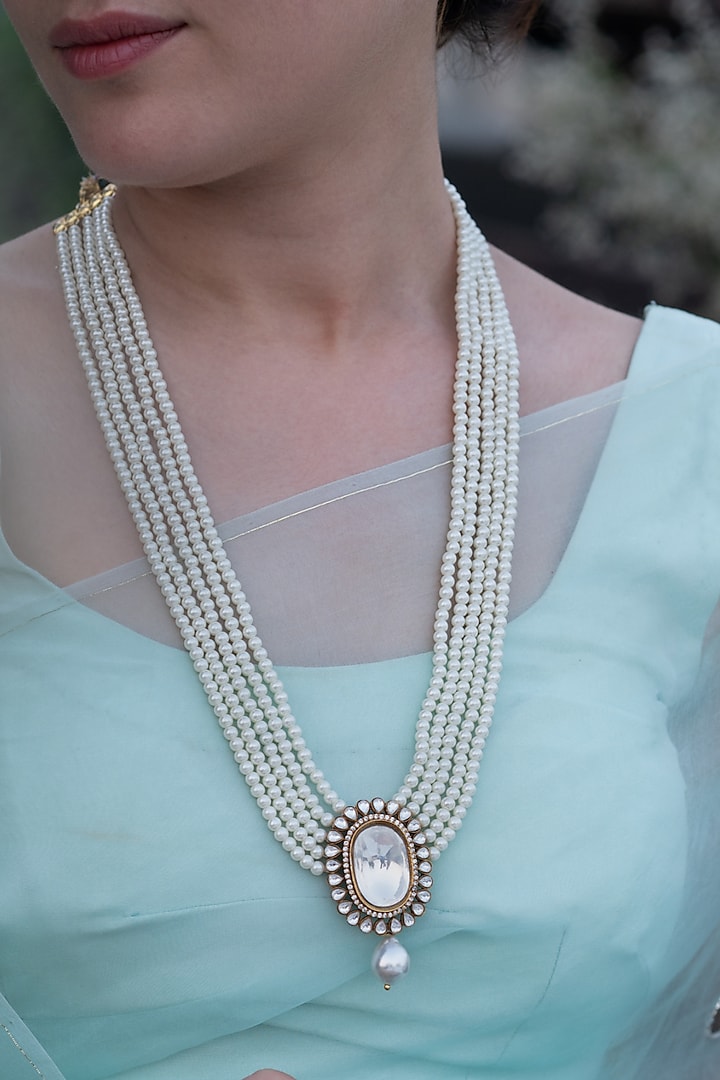 Gold Plated Kundan Polki & Pearl Necklace by Do Taara at Pernia's Pop Up Shop