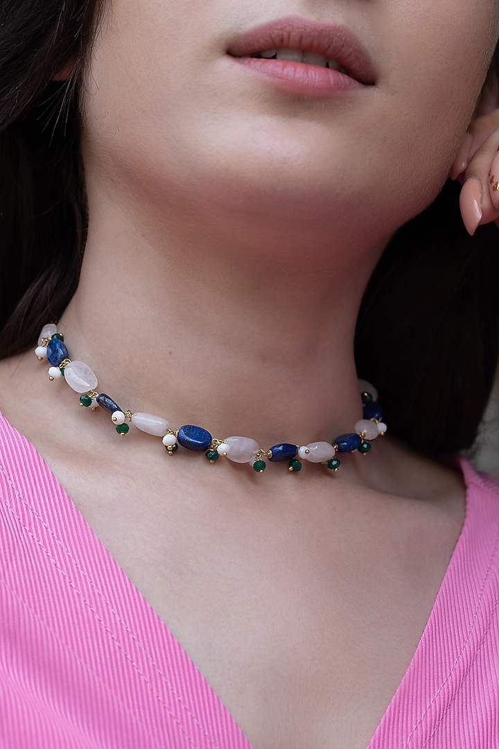 Gold Plated Lapis Lazuli & Fluorite Stone Choker necklace by Do Taara at Pernia's Pop Up Shop