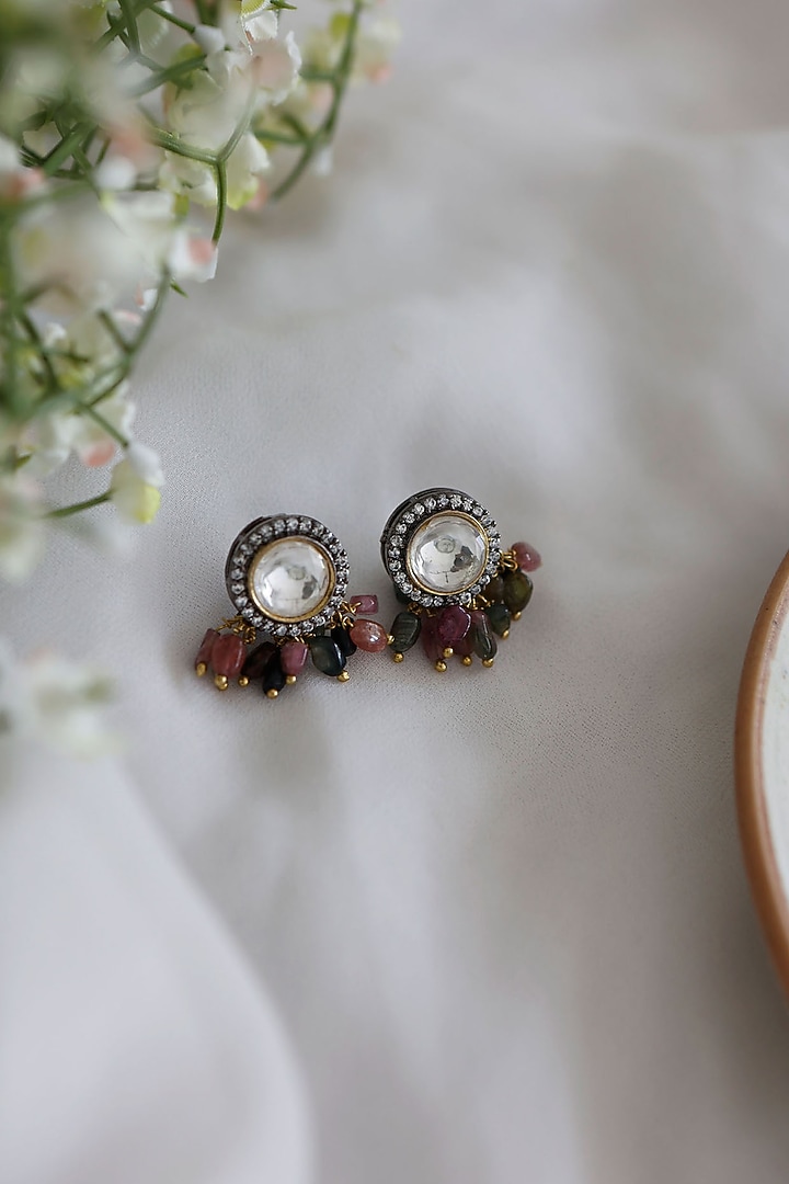 Silver Rhodium Finish Uncut Polki & Agate Stud Earrings by Do Taara at Pernia's Pop Up Shop