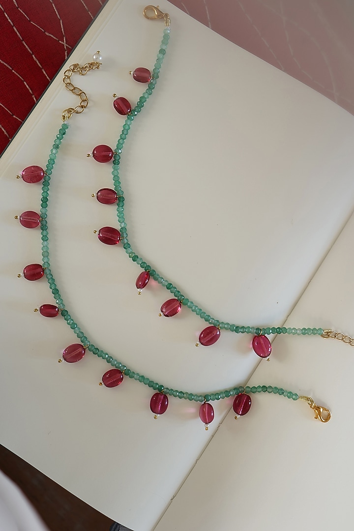 Gold Plated Green Onyx & Red Natural Stone Anklets (Set of 2) by Do Taara at Pernia's Pop Up Shop