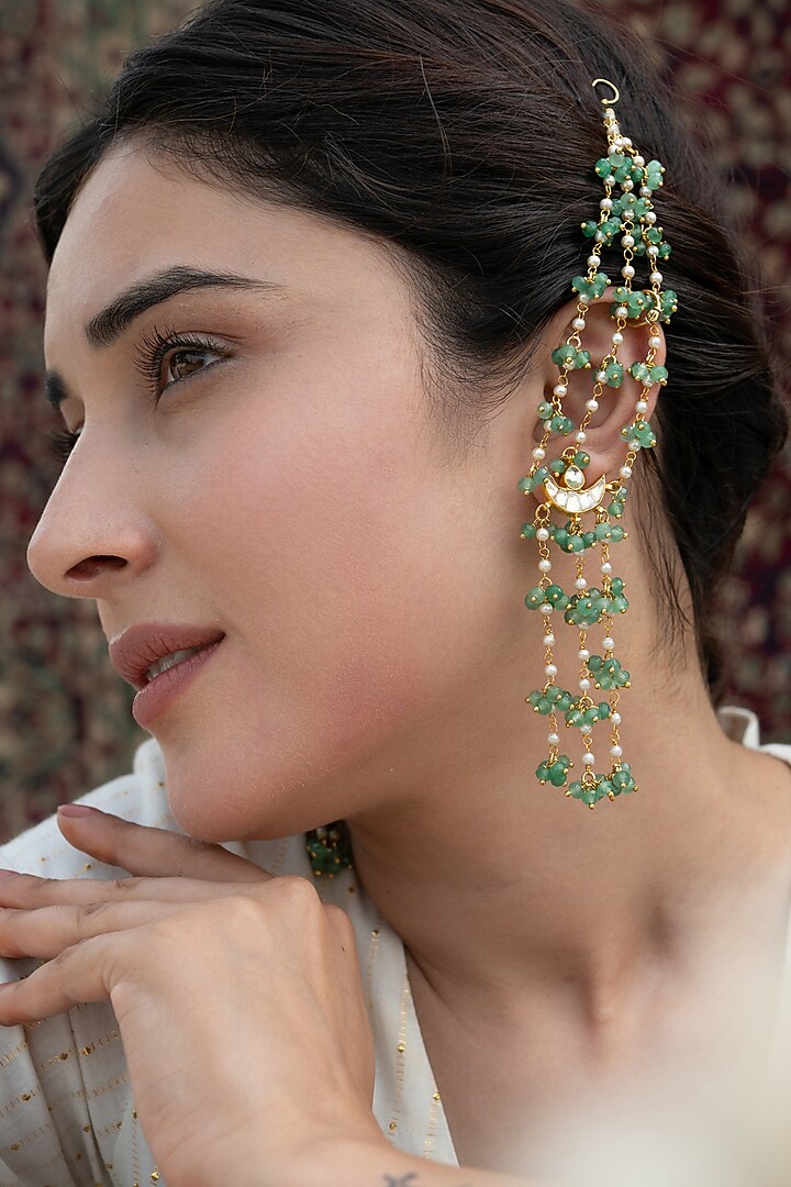 Gold Plated Kundan Polki & Green Natural Stone Dangler Earrings by Do Taara at Pernia's Pop Up Shop