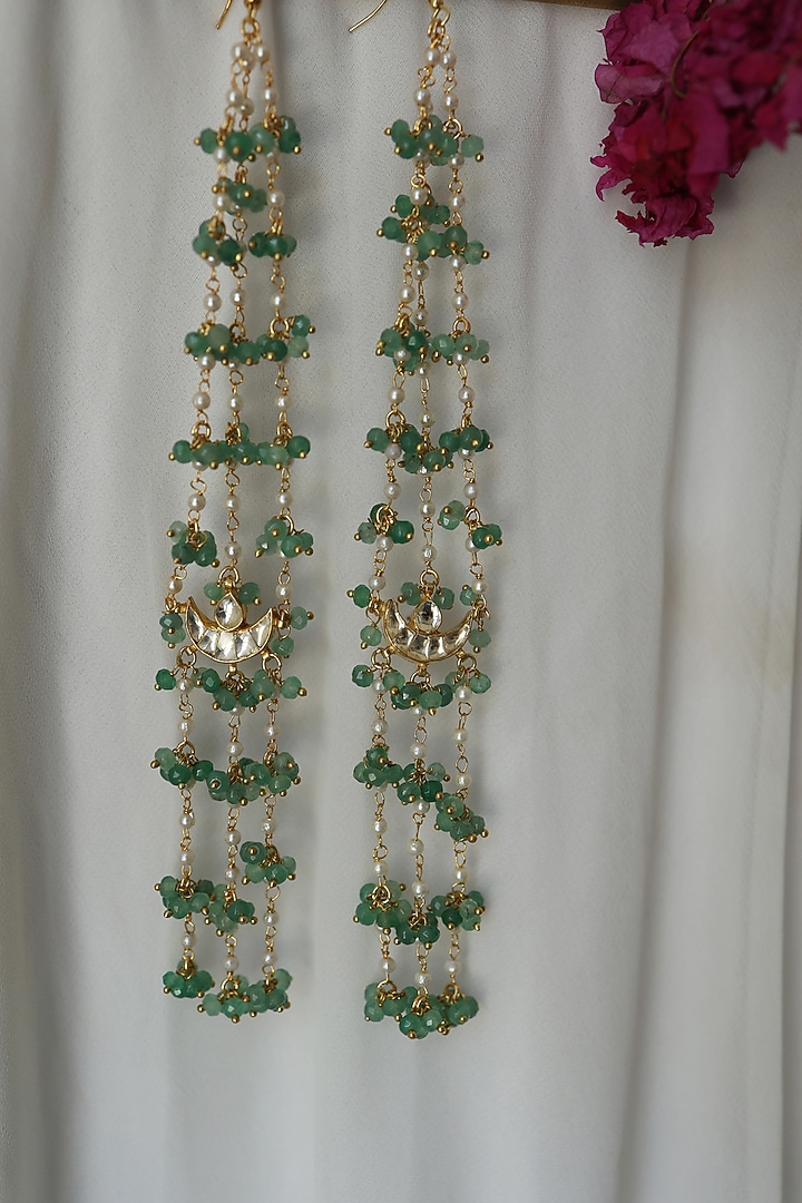 Gold Plated Kundan Polki & Green Natural Stone Dangler Earrings by Do Taara at Pernia's Pop Up Shop