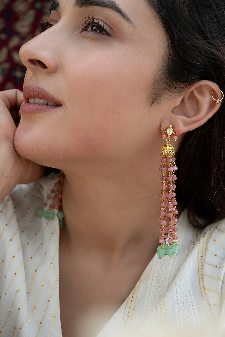 Gold Plated Kundan Polki & Pink Onyx Jhumka Earrings by Do Taara at Pernia's Pop Up Shop