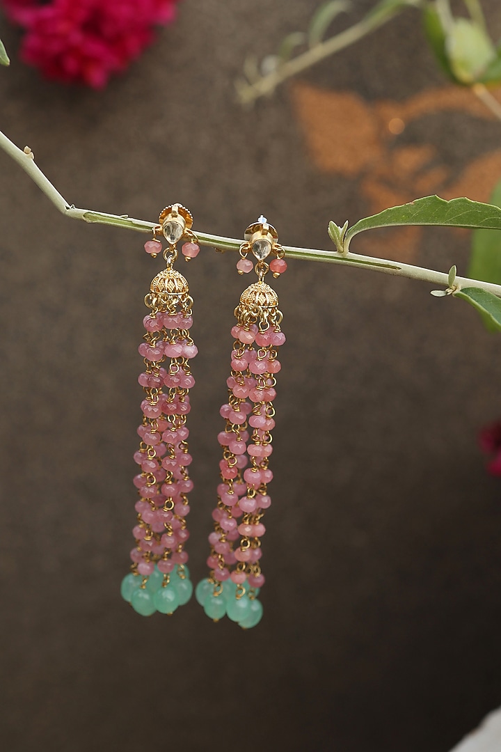 Gold Plated Kundan Polki & Pink Onyx Jhumka Earrings by Do Taara at Pernia's Pop Up Shop