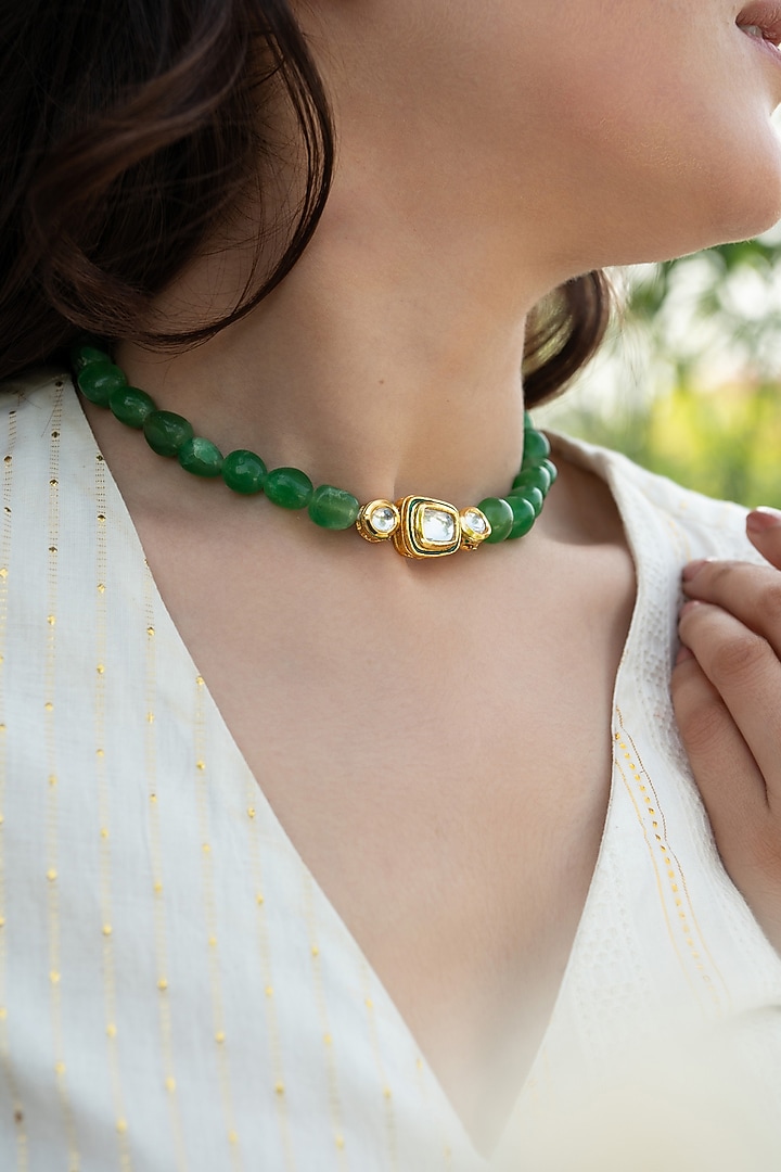 Gold Plated Kundan Polki & Green Natural Stone Choker Necklace by Do Taara at Pernia's Pop Up Shop