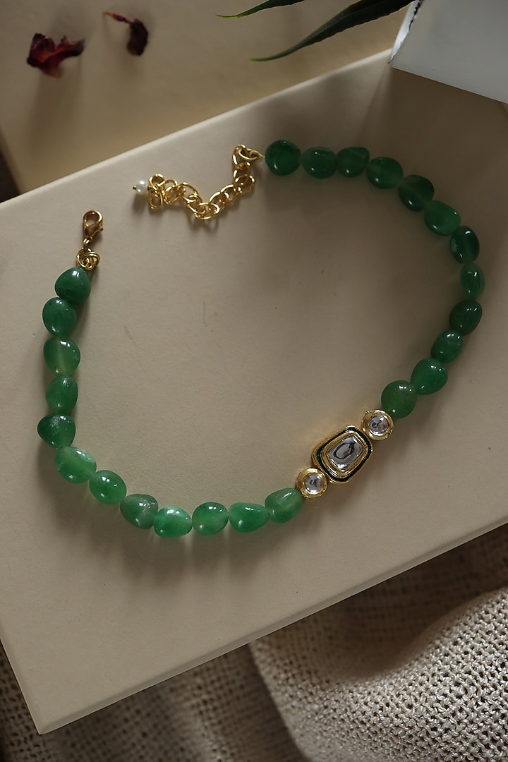 Gold Plated Kundan Polki & Green Natural Stone Choker Necklace by Do Taara at Pernia's Pop Up Shop