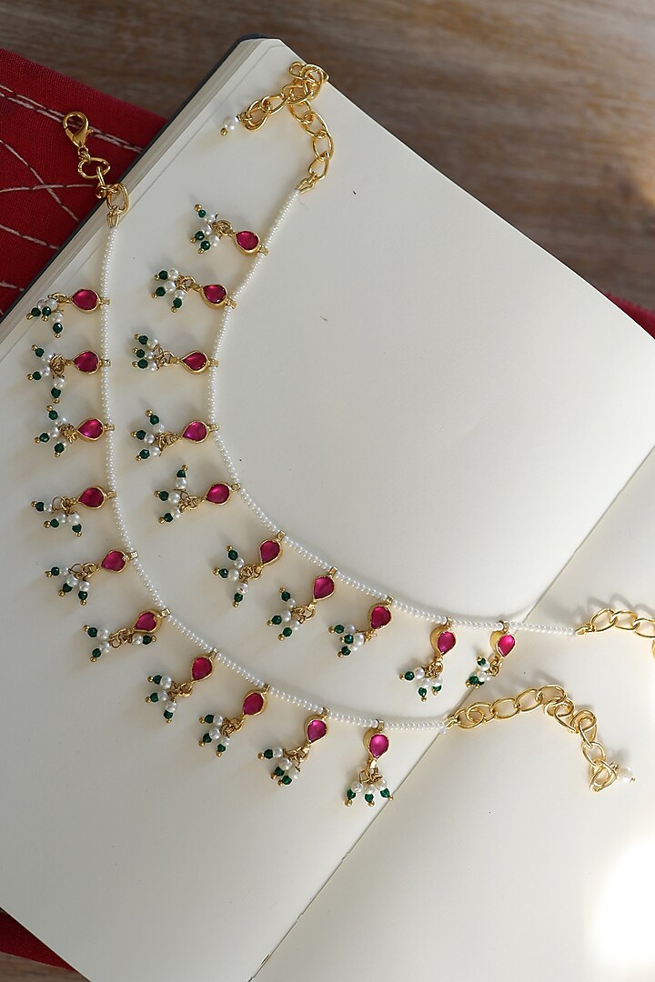 Gold Plated Green Onyx & Kundan Polki Anklets (Set of 2) by Do Taara at Pernia's Pop Up Shop