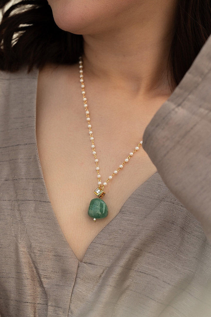 Gold Plated Kundan Polki & Shell Pearl Long Necklace by Do Taara at Pernia's Pop Up Shop