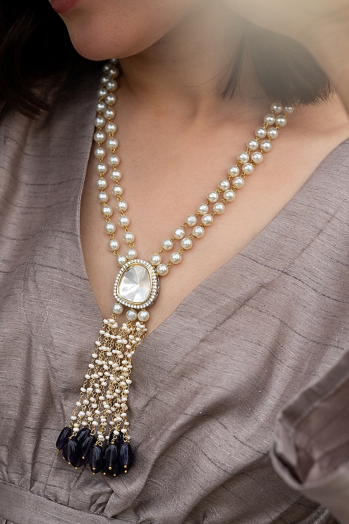 Gold Plated Amethyst Stone & Pearl Long Necklace by Do Taara at Pernia's Pop Up Shop