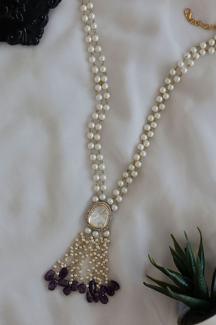 Gold Plated Amethyst Stone & Pearl Long Necklace by Do Taara at Pernia's Pop Up Shop