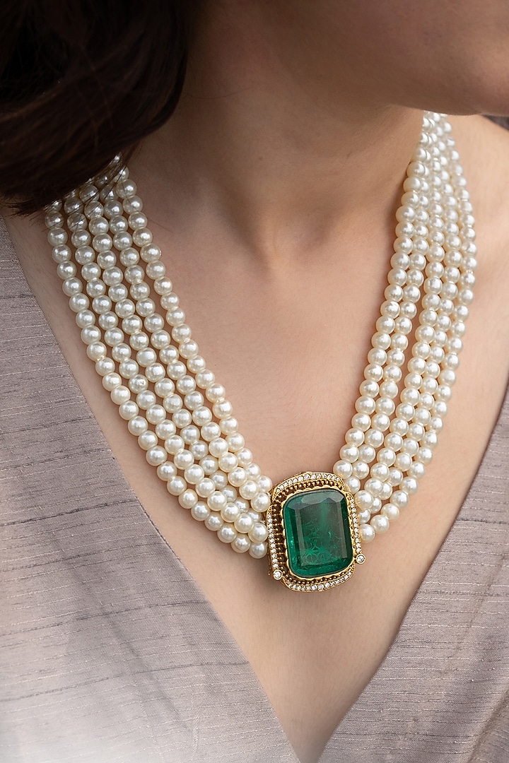Gold Plated Emerald Crystal & Pearl Long Necklace by Do Taara at Pernia's Pop Up Shop