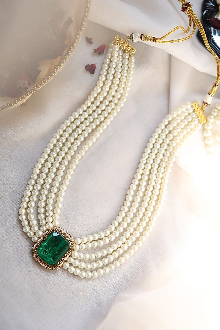 Gold Plated Emerald Crystal & Pearl Long Necklace by Do Taara at Pernia's Pop Up Shop
