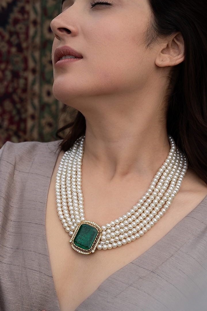 Gold Plated Emerald Crystal & Pearl Long Necklace by Do Taara at Pernia's Pop Up Shop