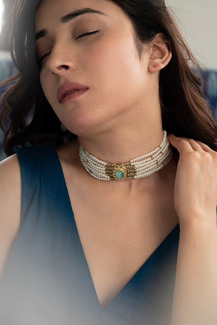 Gold Plated Mint Natural Stone & Pearl Choker Necklace by Do Taara at Pernia's Pop Up Shop
