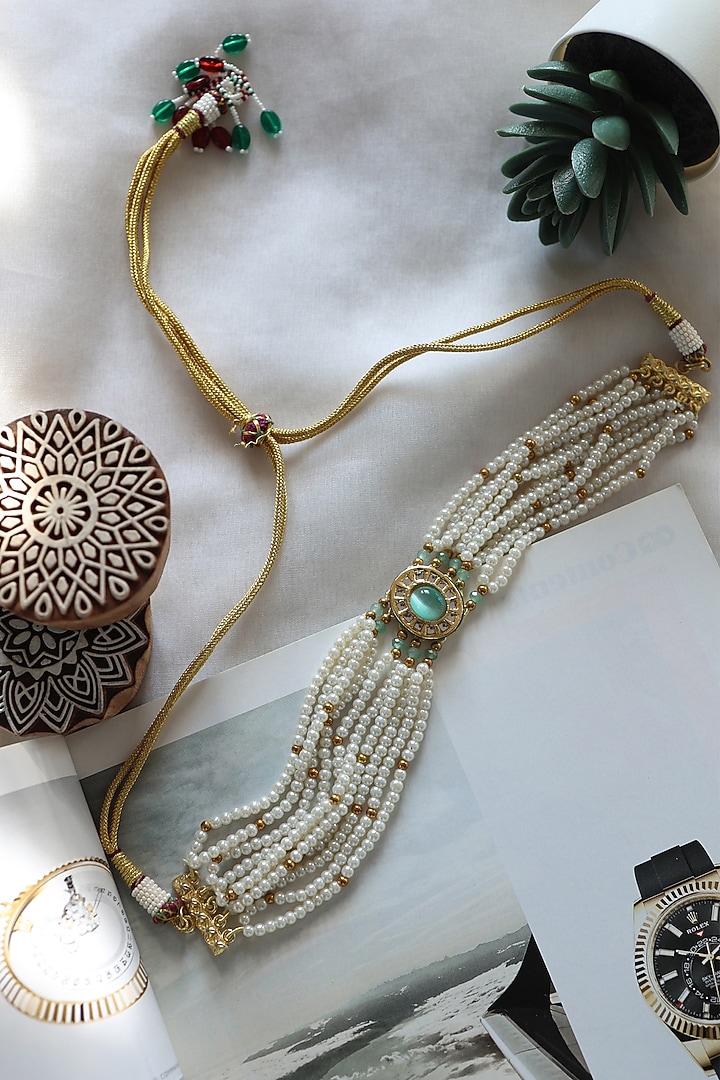 Gold Plated Mint Natural Stone & Pearl Choker Necklace by Do Taara at Pernia's Pop Up Shop