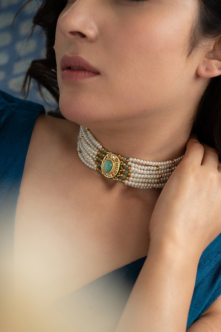 Gold Plated Mint Natural Stone & Pearl Choker Necklace by Do Taara at Pernia's Pop Up Shop