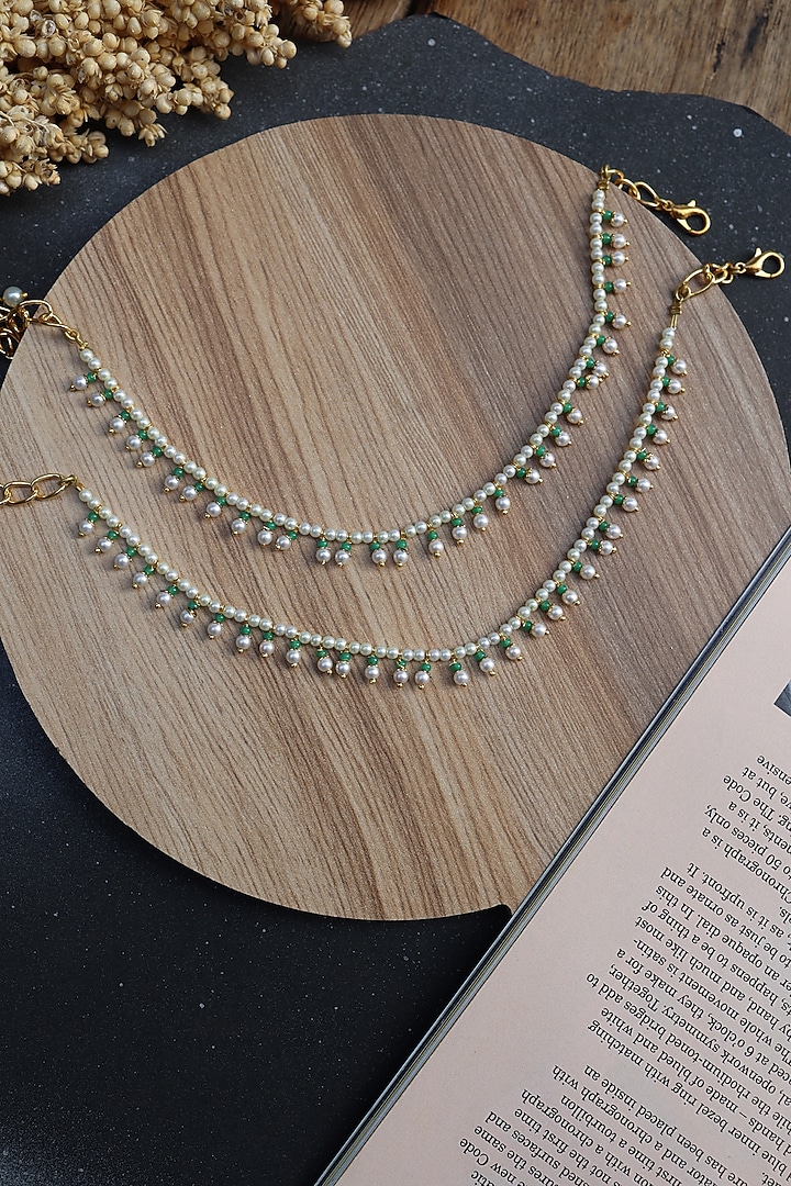 Gold Plated Green Onyx & Seed Pearl Anklets (Set of 2) by Do Taara at Pernia's Pop Up Shop
