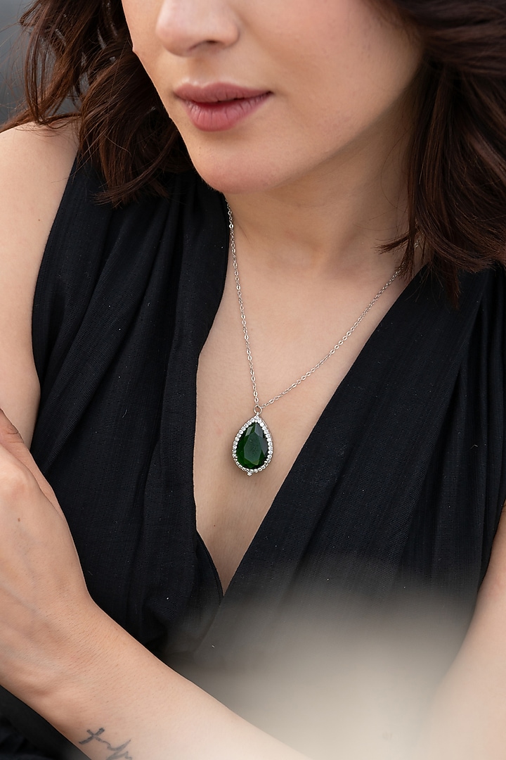 Silver Rhodium Finish Green Stone & Cubic Zirconia Necklace by Do Taara at Pernia's Pop Up Shop