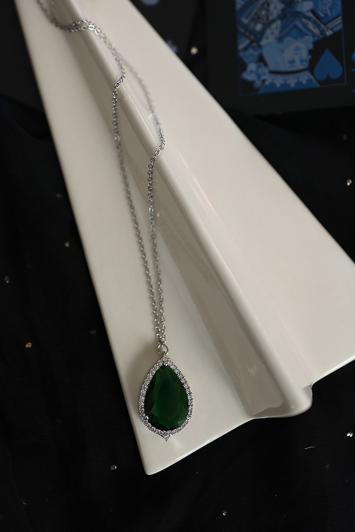 Silver Rhodium Finish Green Stone & Cubic Zirconia Necklace by Do Taara at Pernia's Pop Up Shop