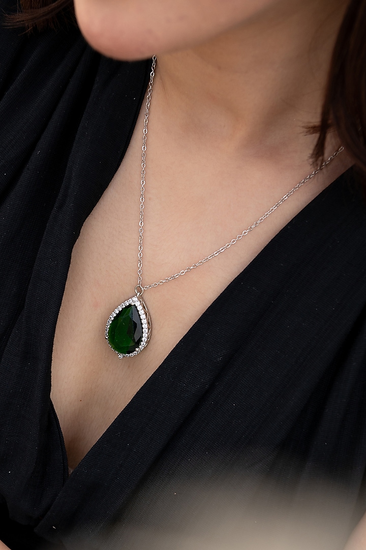 Silver Rhodium Finish Green Stone & Cubic Zirconia Necklace by Do Taara at Pernia's Pop Up Shop