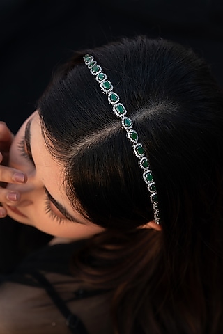 Silver Rhodium Finish Green Stone & Cubic Zirconia Headband by Do Taara