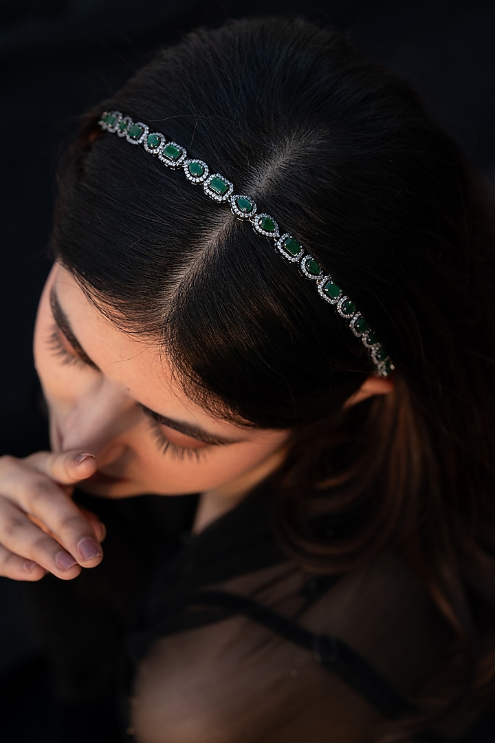 Silver Rhodium Finish Green Stone & Cubic Zirconia Headband by Do Taara at Pernia's Pop Up Shop