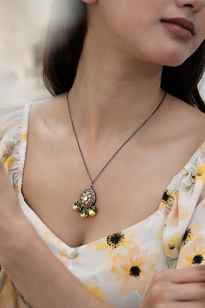 Gold Plated Kundan Polki & Green Onyx Pendant Necklace by Do Taara at Pernia's Pop Up Shop