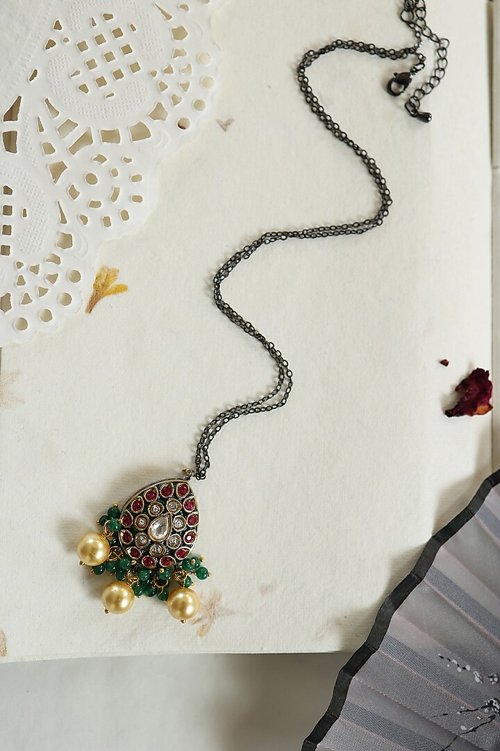 Gold Plated Kundan Polki & Green Onyx Pendant Necklace by Do Taara at Pernia's Pop Up Shop