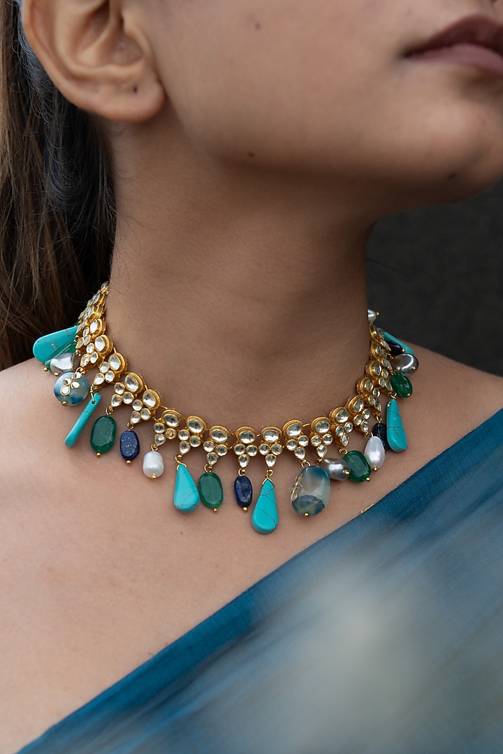 Gold Plated Kundan Polki & Multi-Colored Natural Stone Choker Necklace by Do Taara at Pernia's Pop Up Shop